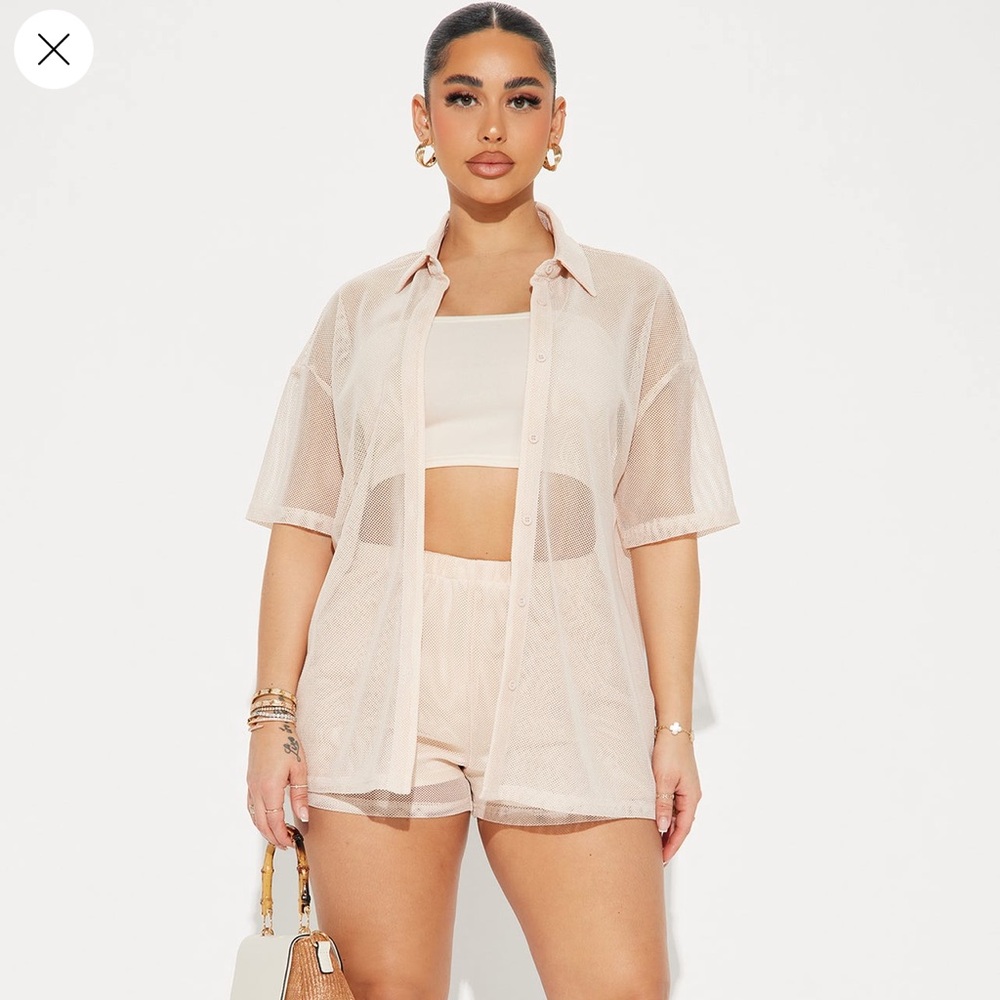Fashion Nova Sheer High-Waist Mesh Shorts Set in Light Beige